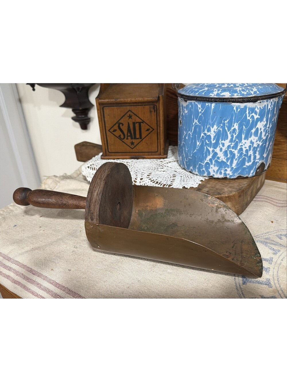Large Handmade Antique Primitive Copper Farm Grain Scoop Wood Handle 13.5” Farm